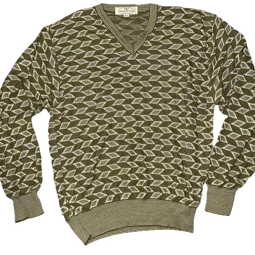 Vintage Pronto Uomo Sweater Women’s Small Green Geometric Knit V Neck Grandma